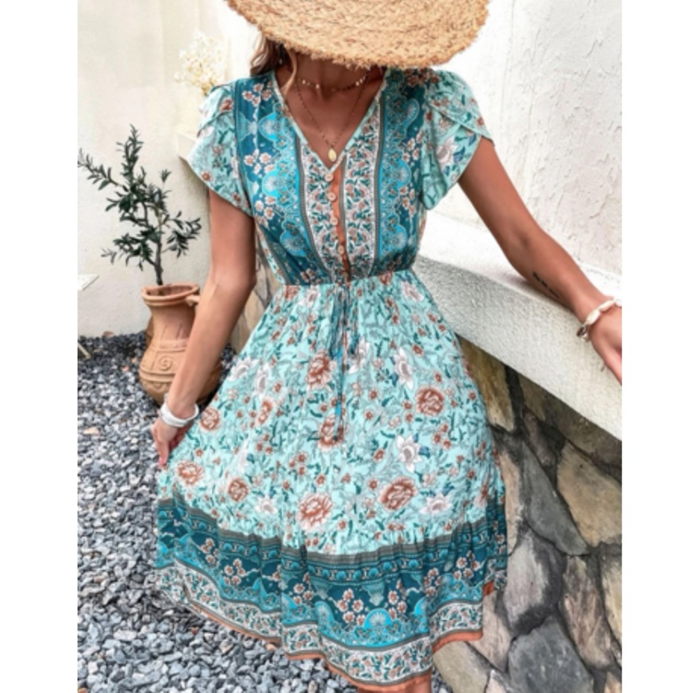Boho floral print V neck ruffle hem dress - Picture 6 of 6